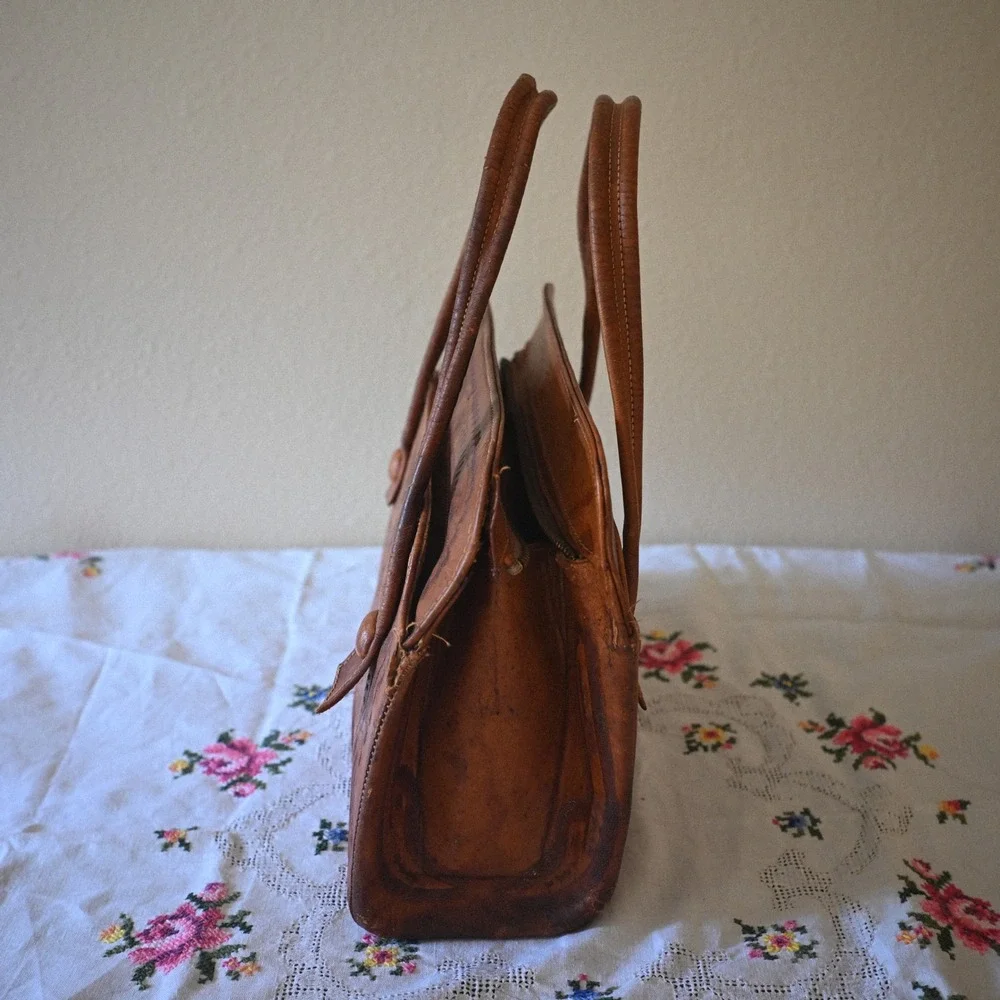 Vintage Azteca Mexican Hand Tooled Leather Top Handle Bag Brown Floral